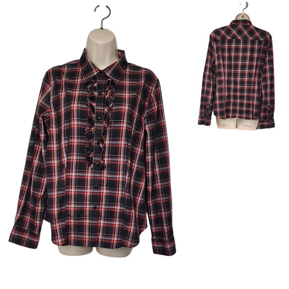 Talbots Jewel Button Front Red/Black Plaid Ruffle Front Long Sleeve Size 12 - Picture 1 of 9